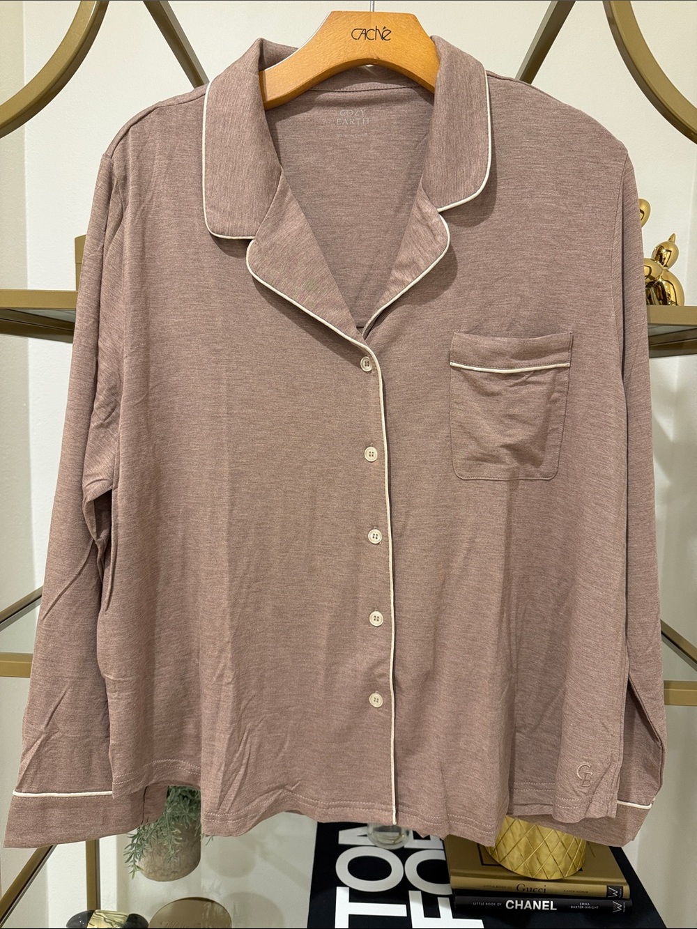 Cozy Earth Bamboo Long-Sleeve Pajama Top with Contrast Piping
